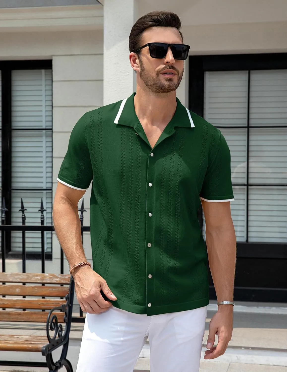 UOUA Men's Knit Button Down Shirt Short Sleeve Vintage Shirts Breathable Summer Beach Tops