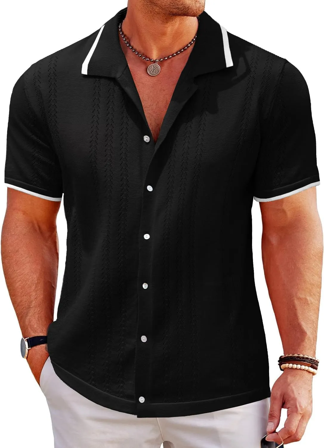 UOUA Men's Knit Button Down Shirt Short Sleeve Vintage Shirts Breathable Summer Beach Tops