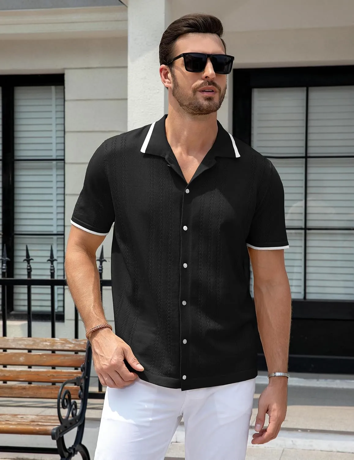 UOUA Men's Knit Button Down Shirt Short Sleeve Vintage Shirts Breathable Summer Beach Tops