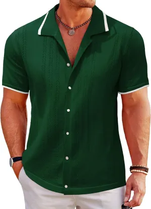 UOUA Men's Knit Button Down Shirt Short Sleeve Vintage Shirts Breathable Summer Beach Tops