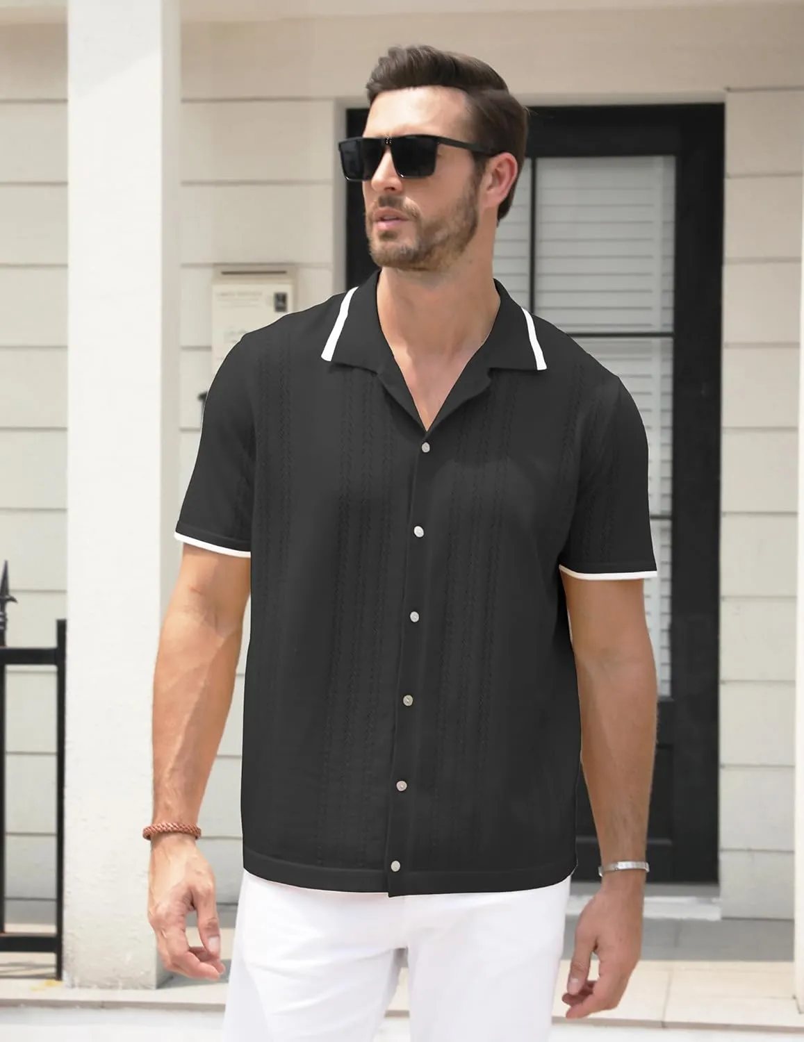 UOUA Men's Knit Button Down Shirt Short Sleeve Vintage Shirts Breathable Summer Beach Tops
