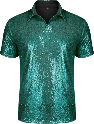 URRU Men's Relaxed Short Sleeve Turndown Sparkle Sequins Polo Shirts 70s Disco Nightclub Party Shirt Tops