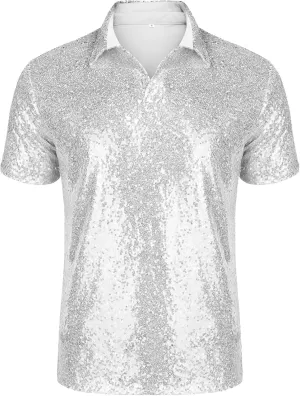 URRU Men's Relaxed Short Sleeve Turndown Sparkle Sequins Polo Shirts 70s Disco Nightclub Party Shirt Tops