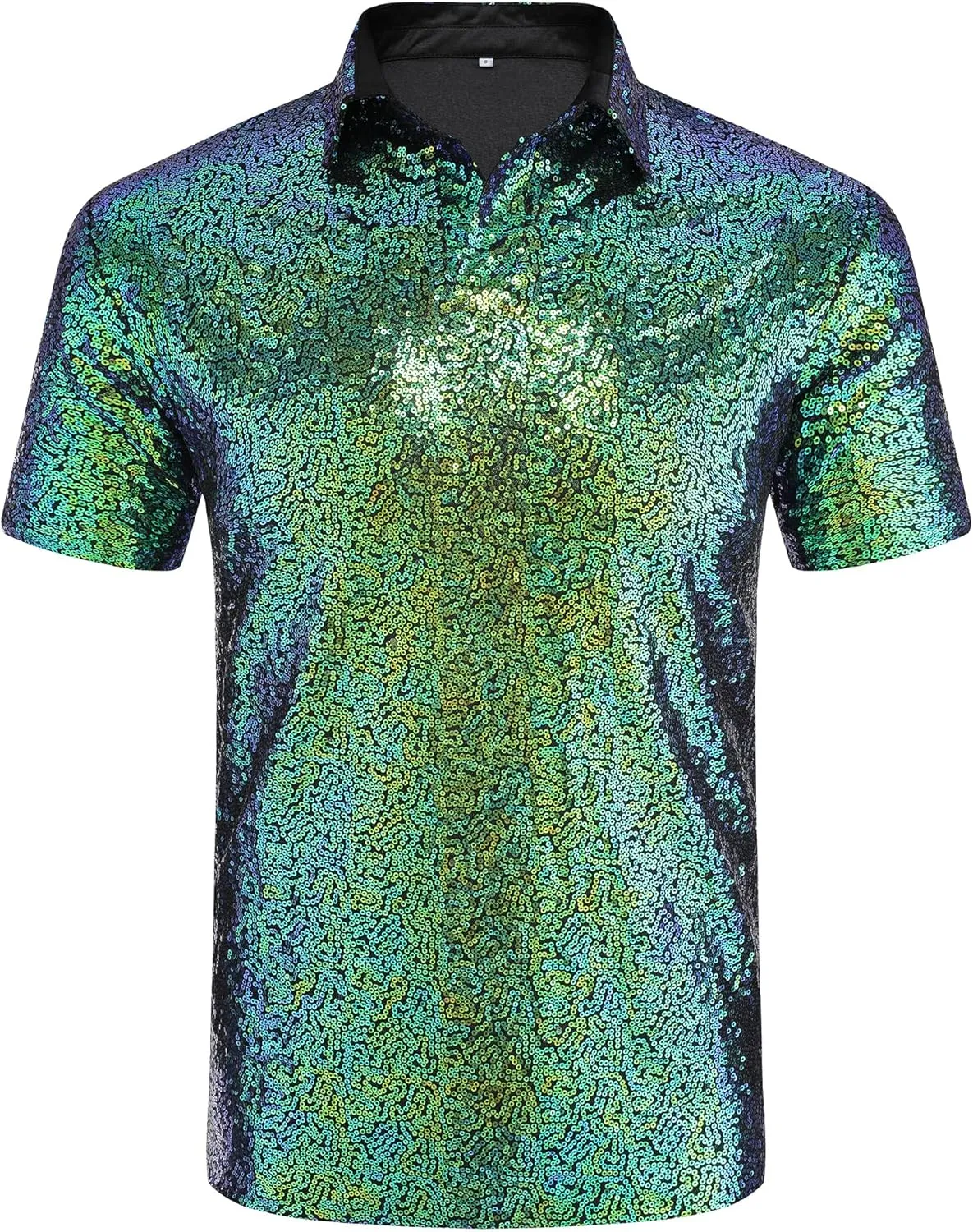 URRU Men's Relaxed Short Sleeve Turndown Sparkle Sequins Polo Shirts 70s Disco Nightclub Party Shirt Tops