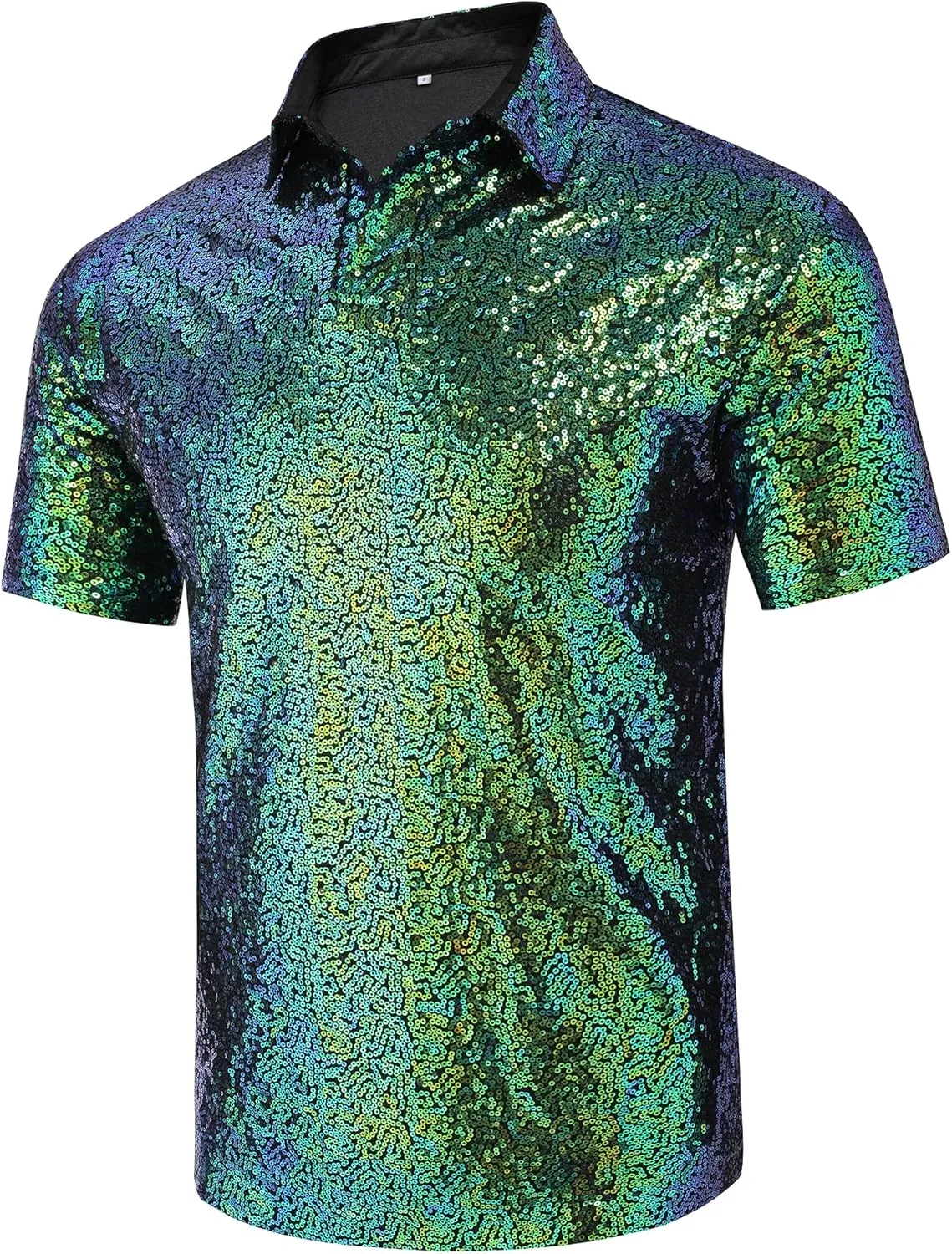 URRU Men's Relaxed Short Sleeve Turndown Sparkle Sequins Polo Shirts 70s Disco Nightclub Party Shirt Tops