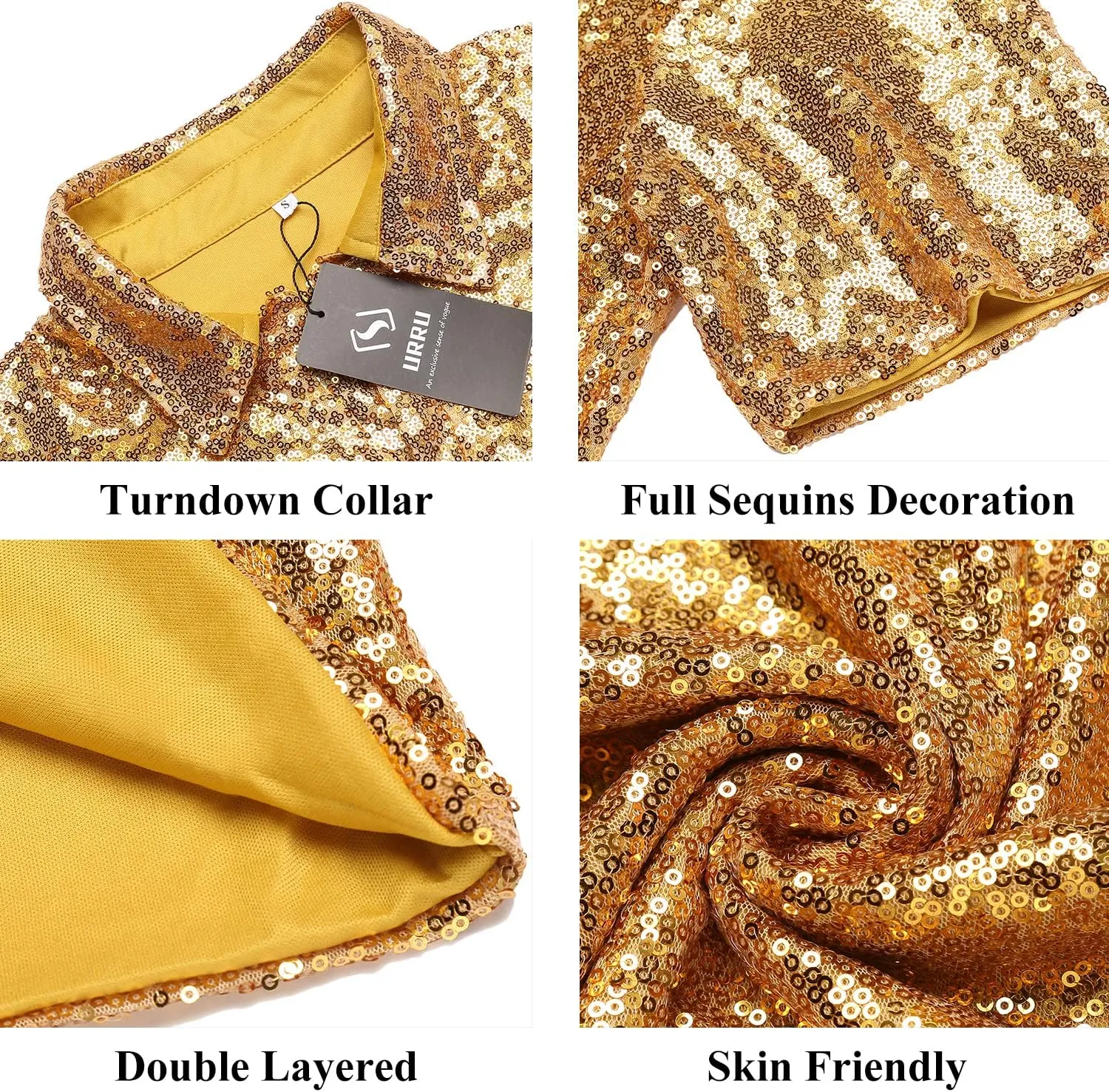 URRU Men's Relaxed Short Sleeve Turndown Sparkle Sequins Polo Shirts 70s Disco Nightclub Party Shirt Tops