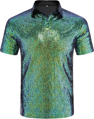URRU Men's Relaxed Short Sleeve Turndown Sparkle Sequins Polo Shirts 70s Disco Nightclub Party Shirt Tops