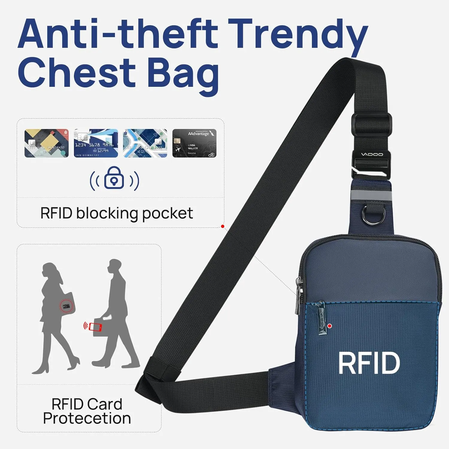 VADOO Sling Bag, Small Crossbody Bag with RFID Blocking for Women and Men, Lightweight Chest Phone Mini Bag for Travel Casual