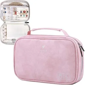 VASCO Travel Jewelry Organizer Roll - Portable Travel Jewelry Case - Compact Jewelry Bag - Jewelry Roll for Necklaces, Earrings, Rings and More - Easy to Carry Jewelry Box for Women (Eco Leather Pink)