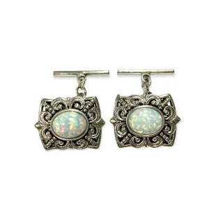Victorian Style Filigree Pattern with White Fire Opal Cufflinks 925 Sterling Silver Mens Gift