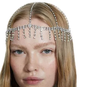 Vintage Cap Headpiece Silver Crystal Flapper Head Chain Mesh Rhinestone Hair Jewelry Gatsby Headbands Wedding Hair Chains Cleopatra Hair Accessoris for Costume Art Deco