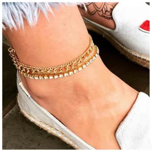 Vintage Layered Crystal Tennis Ankle Bracelet Gold Rhinestone Anklet Bracelets Cz Crystal Anklets Glitter Tennis Chain Foot Jewelry for Women and Girls (Gold)