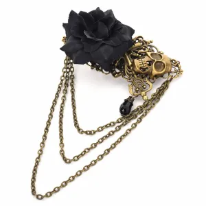 Vintage Punk Rose Hair Clip Skull Cross Long Chain Brooch Pin Gothic Lolita Headpiece for Halloween Costume Hair Accessories One Size