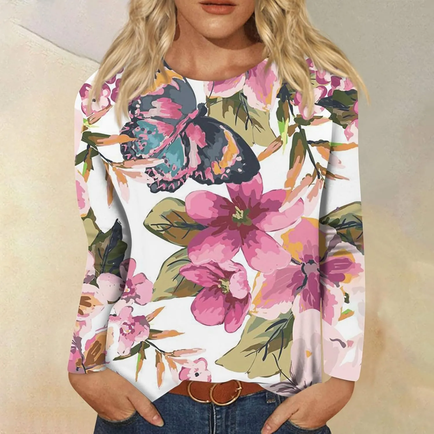 Vintage Tees for Women Women's Fashion Casual Round Neck Long Sleeve Printed T-Shirt Top