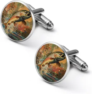 Vintage Trout Fish Jumping Cufflinks for Men Round Cuff Links Tuxedo Shirts for Business Wedding Formal Suit
