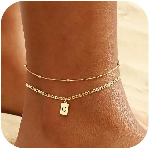 VIROMY Initial Ankle Bracelets for Women Gold Letter Anklets Handmade Layered Bead Link Tag Initial Anklets Jewelry Gift