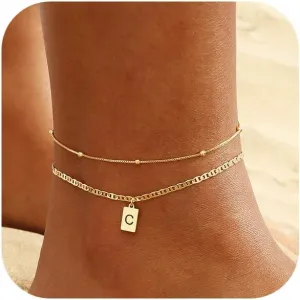 VIROMY Initial Ankle Bracelets for Women Gold Letter Anklets Handmade Layered Bead Link Tag Initial Anklets Jewelry Gift