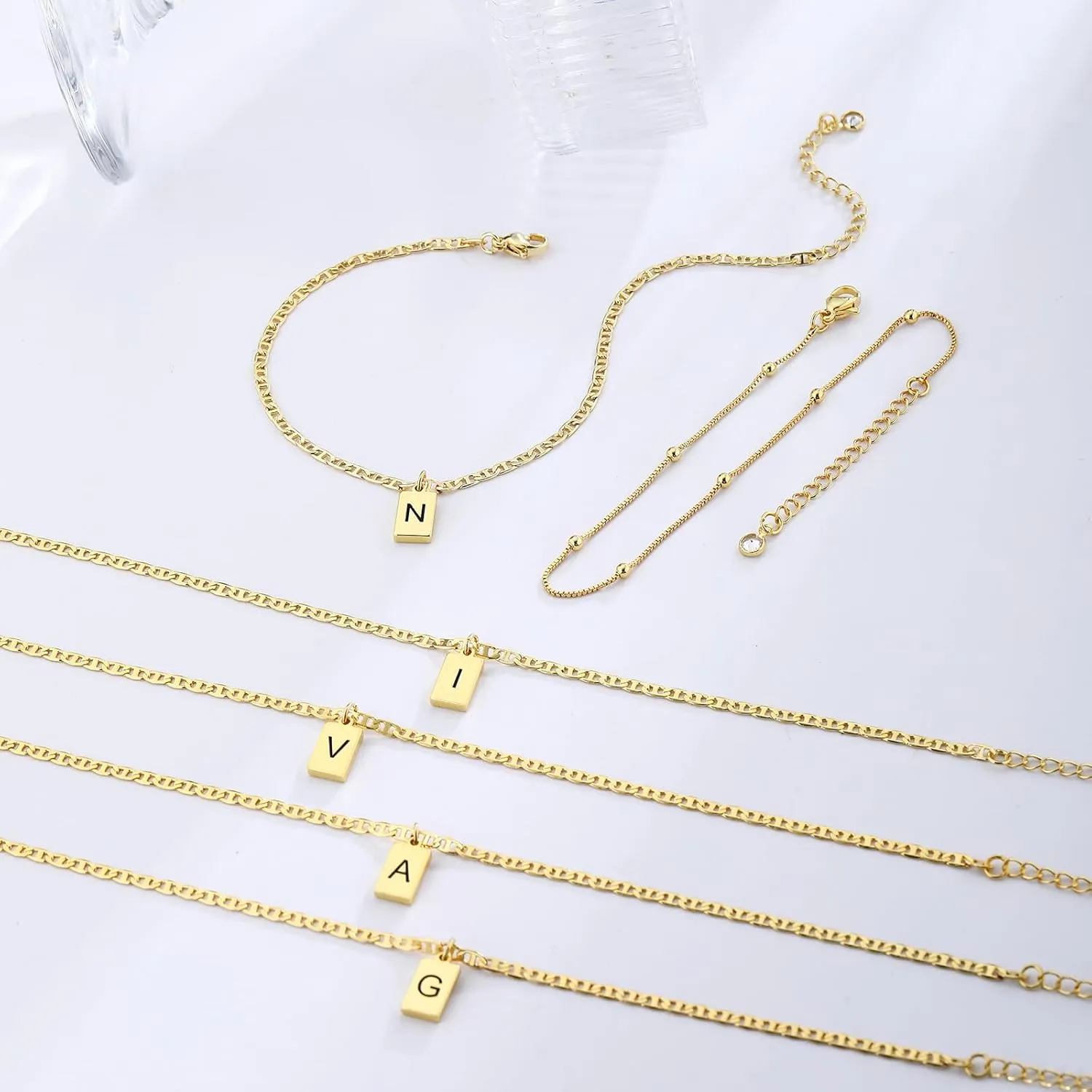 VIROMY Initial Ankle Bracelets for Women Gold Letter Anklets Handmade Layered Bead Link Tag Initial Anklets Jewelry Gift