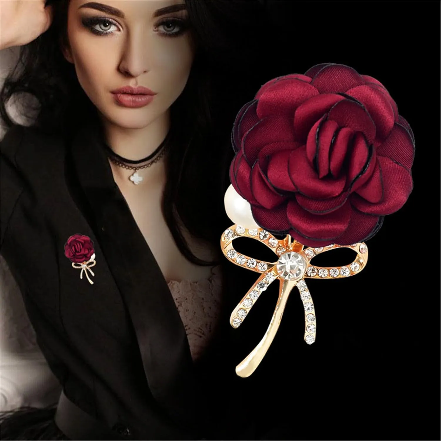 WCRAZYE Elegant Rose Flower Brooch Pin for Women Men Wedding Party Gentleman's Essentials Handmade Crystal Pearl Fabric Flower Lapel Pin Dress Suit Accessories Boutonniere Ideas Gift Valentine's Day