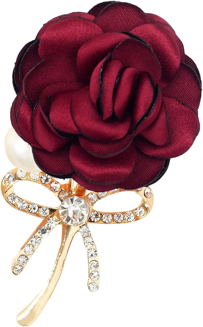 WCRAZYE Elegant Rose Flower Brooch Pin for Women Men Wedding Party Gentleman's Essentials Handmade Crystal Pearl Fabric Flower Lapel Pin Dress Suit Accessories Boutonniere Ideas Gift Valentine's Day