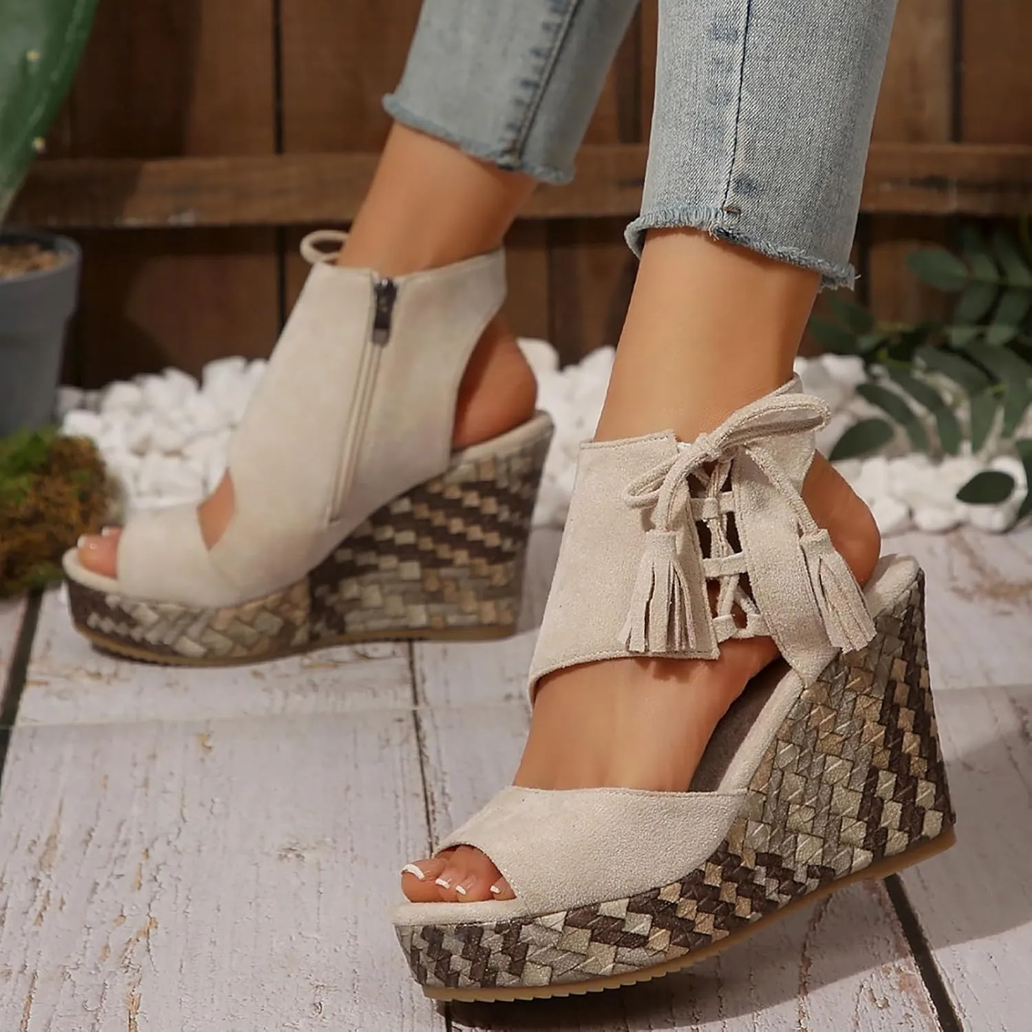 Wedge Sandals for Women Dressy Open Toe Comfy Casual Summer Breathable Beach Bohemia Roman Zipper Back Dress Platform Cutout Bohemian High Heel Buckle Ankle Strap Wedges Wide Width Dressy