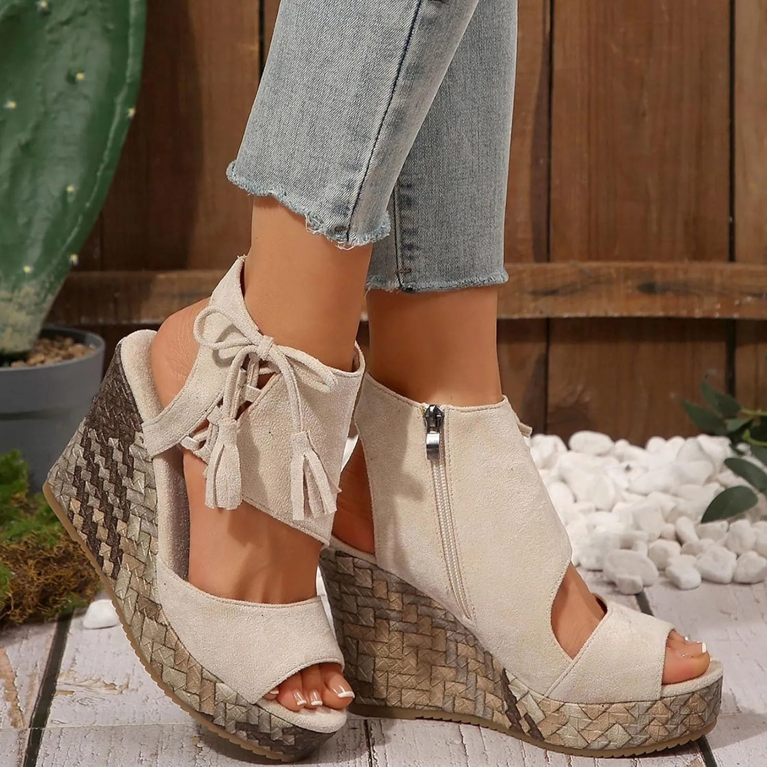 Wedge Sandals for Women Dressy Open Toe Comfy Casual Summer Breathable Beach Bohemia Roman Zipper Back Dress Platform Cutout Bohemian High Heel Buckle Ankle Strap Wedges Wide Width Dressy