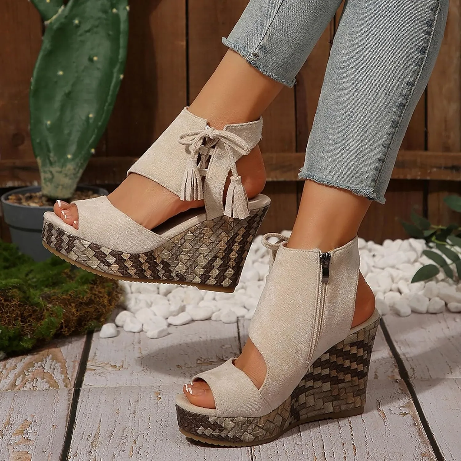 Wedge Sandals for Women Dressy Open Toe Comfy Casual Summer Breathable Beach Bohemia Roman Zipper Back Dress Platform Cutout Bohemian High Heel Buckle Ankle Strap Wedges Wide Width Dressy