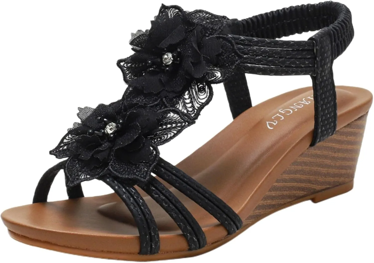 Wedge Sandals for Women Flower Cutout Peep Toe Mid Heel Fashion Breathable Beach Sandals, Casual Summer Roman High Heel Platform Slip on Elastic Ankle Strap Sandal