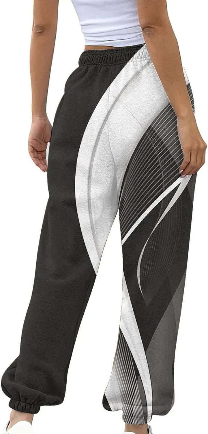 Wide Leg Sweatpants for Women Print High Waist Trouser with Pocket Cinch Bottom Pants Casual Athletic Pants