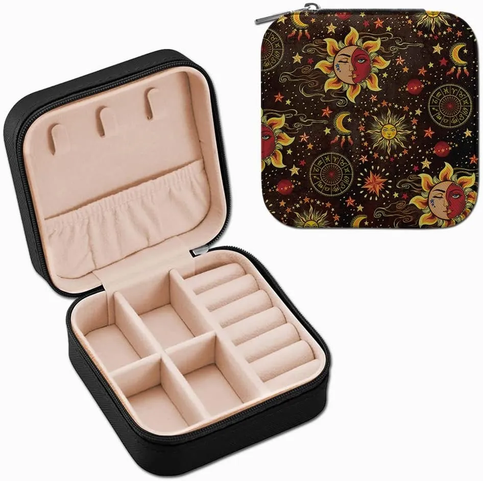 WIRESTER Fashion Leather Travel Jewelry Case Box, Small Portable Jewelry Organizer Storage for Ring Earrings Necklace Women Girls - Celestial Sun Moon And Stars