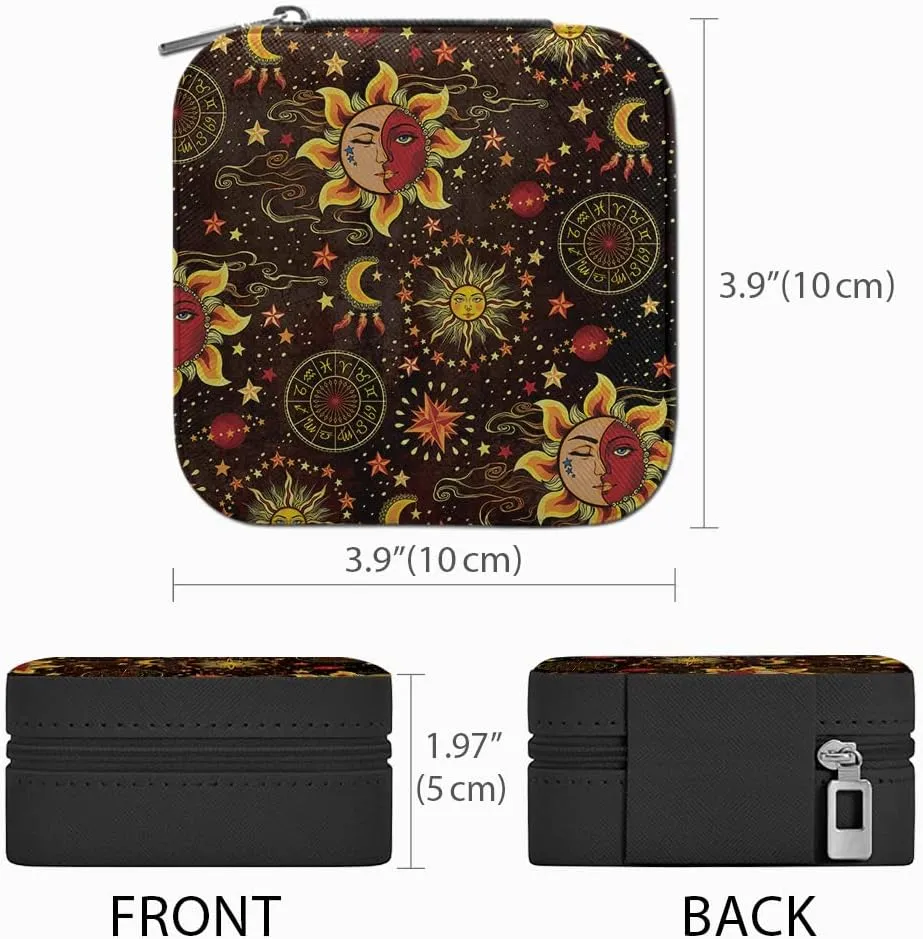 WIRESTER Fashion Leather Travel Jewelry Case Box, Small Portable Jewelry Organizer Storage for Ring Earrings Necklace Women Girls - Celestial Sun Moon And Stars