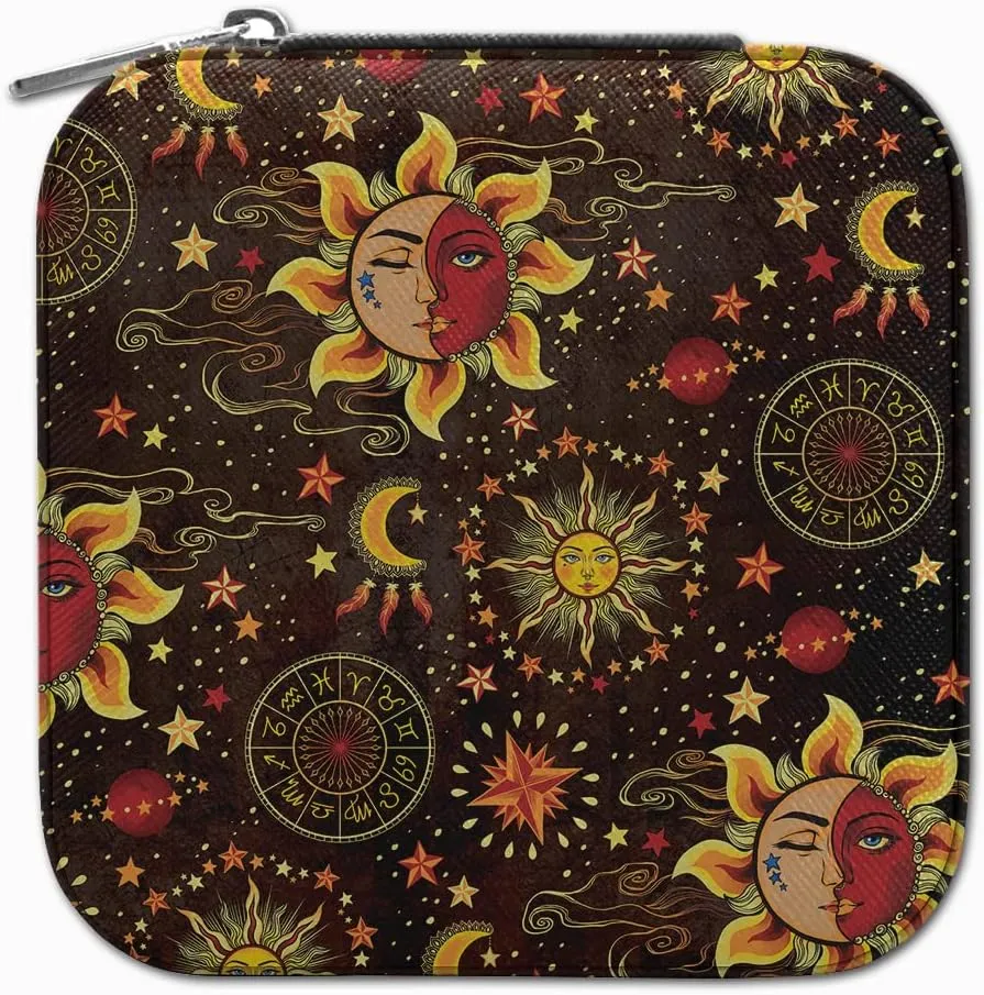 WIRESTER Fashion Leather Travel Jewelry Case Box, Small Portable Jewelry Organizer Storage for Ring Earrings Necklace Women Girls - Celestial Sun Moon And Stars