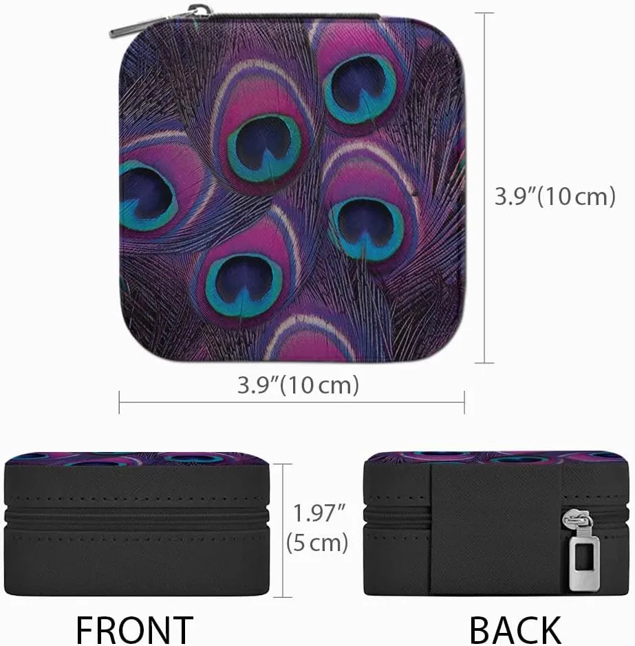 WIRESTER Fashion Leather Travel Jewelry Case Box, Small Portable Jewelry Organizer Storage for Ring Earrings Necklace Women Girls - Purple Peacock Feather