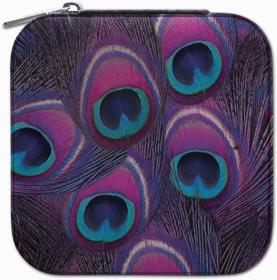 WIRESTER Fashion Leather Travel Jewelry Case Box, Small Portable Jewelry Organizer Storage for Ring Earrings Necklace Women Girls - Purple Peacock Feather