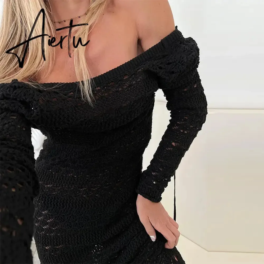 Woman Sexy Lace Up Backless Dress Fashion Hollow Out Bodycon Long Sleeve Knitted Dresses Female Elegant Beach Holiday Robes