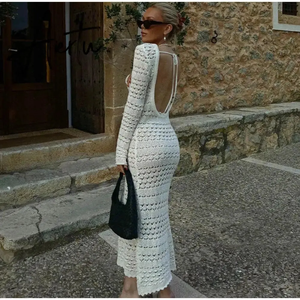 Woman Sexy Lace Up Backless Dress Fashion Hollow Out Bodycon Long Sleeve Knitted Dresses Female Elegant Beach Holiday Robes