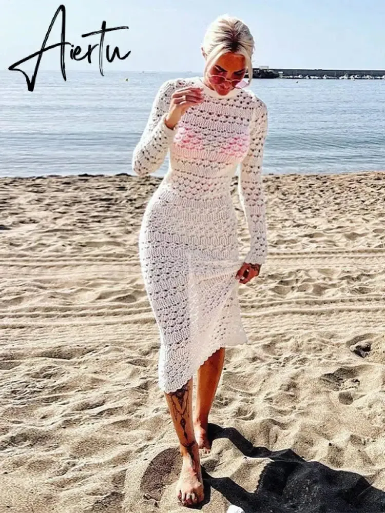 Woman Sexy Lace Up Backless Dress Fashion Hollow Out Bodycon Long Sleeve Knitted Dresses Female Elegant Beach Holiday Robes