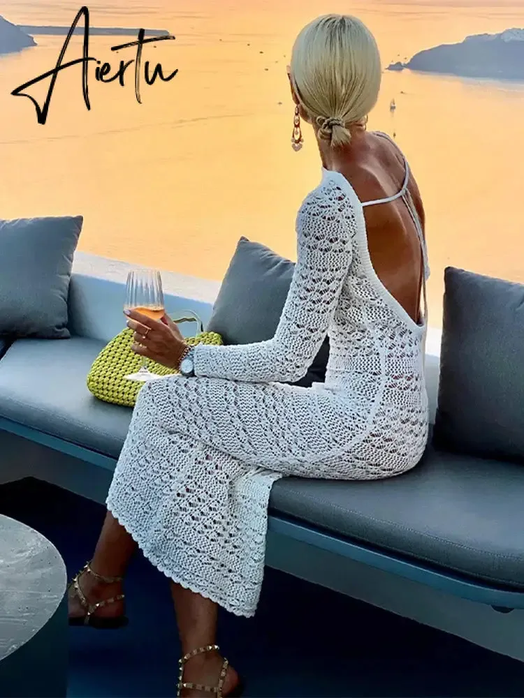 Woman Sexy Lace Up Backless Dress Fashion Hollow Out Bodycon Long Sleeve Knitted Dresses Female Elegant Beach Holiday Robes