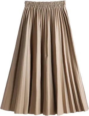Women Autumn PU Faux Leather Pleated Skirt Elastic High Waist Midi A-Line Skirt