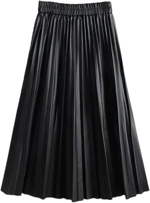 Women Autumn PU Faux Leather Pleated Skirt Elastic High Waist Midi A-Line Skirt