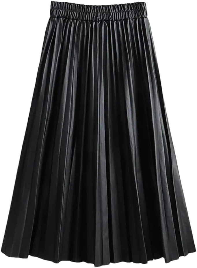 Women Autumn PU Faux Leather Pleated Skirt Elastic High Waist Midi A-Line Skirt