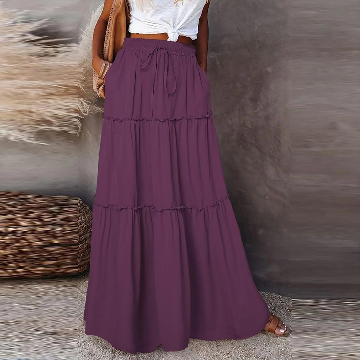 Women Boho Floral Maxi Skirt 2025 Summer High Waisted Tiered Long Skirts Flowy Ruffle Beach Vacation Midi Skirts