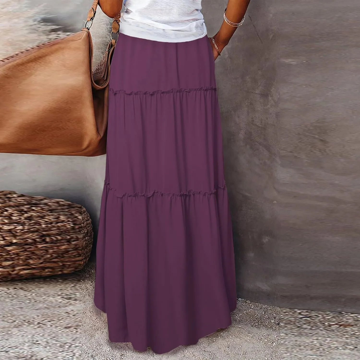 Women Boho Floral Maxi Skirt 2025 Summer High Waisted Tiered Long Skirts Flowy Ruffle Beach Vacation Midi Skirts