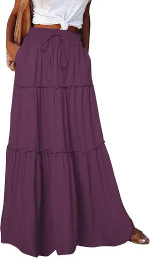 Women Boho Floral Maxi Skirt 2025 Summer High Waisted Tiered Long Skirts Flowy Ruffle Beach Vacation Midi Skirts