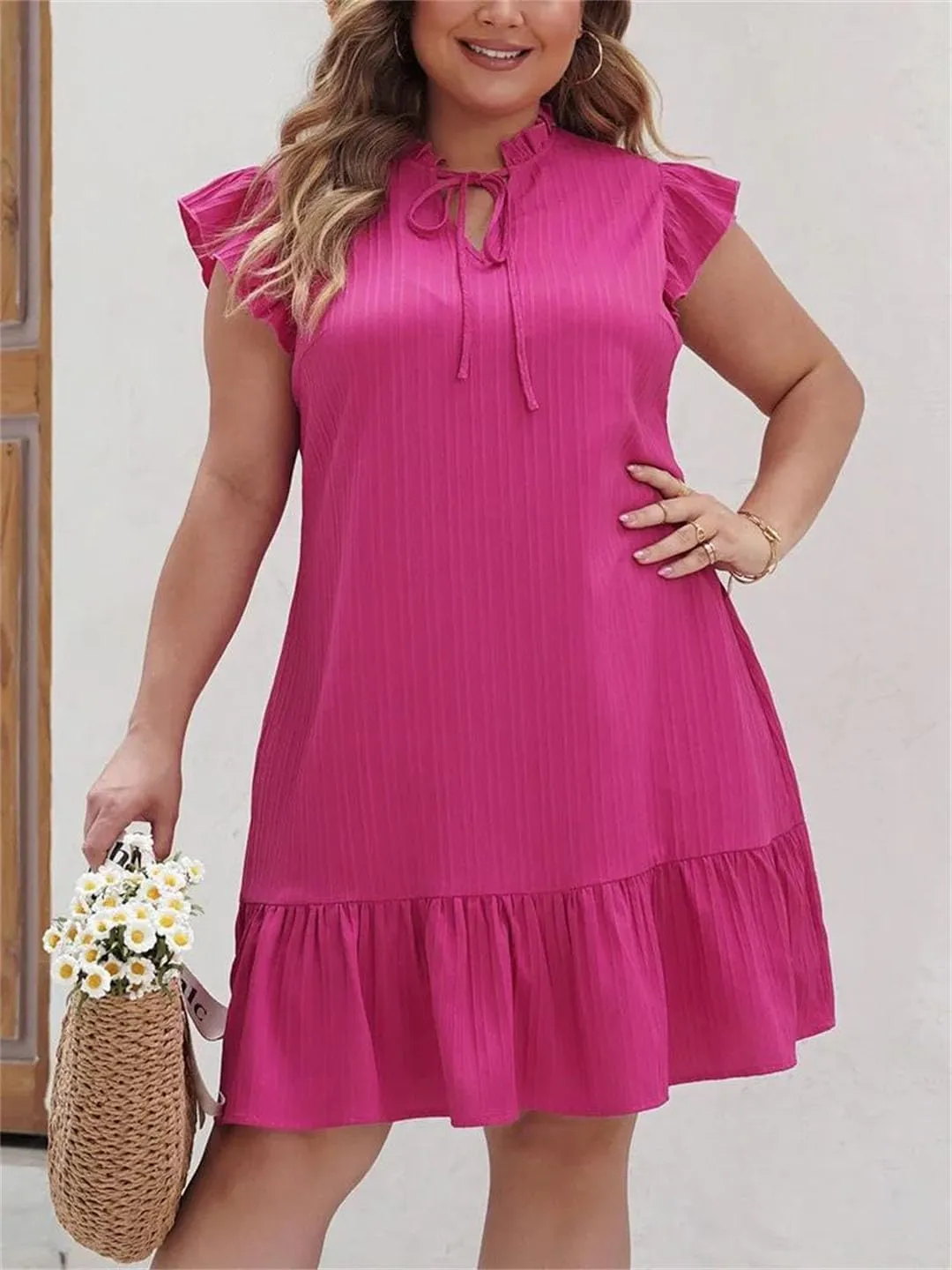 Women Boho Solid Tie Neck Ruffle Hem Dress Holiday Sleeveless Loose Waist Beach Mini Dresses