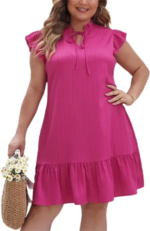 Women Boho Solid Tie Neck Ruffle Hem Dress Holiday Sleeveless Loose Waist Beach Mini Dresses
