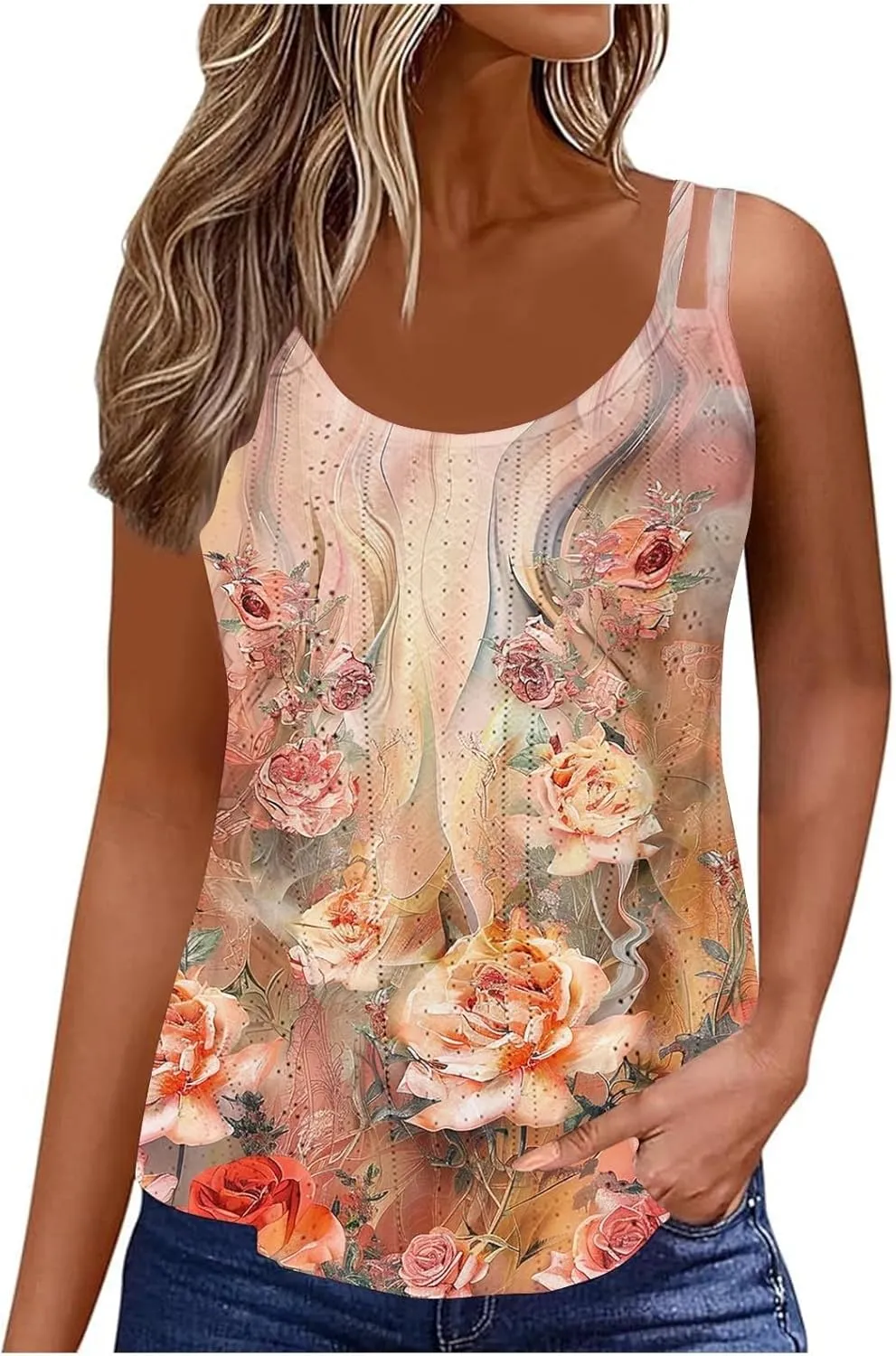 Women Crew Neck Tops Sleeveless Summer Shirts Floral Print Tank Tops Spaghetti Straps Casual Blouses Shirt Flowy Tee