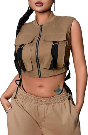 Women Crop Cargo Vest Sexy Sleeveless Zip Up Jacket Tops with Pockets