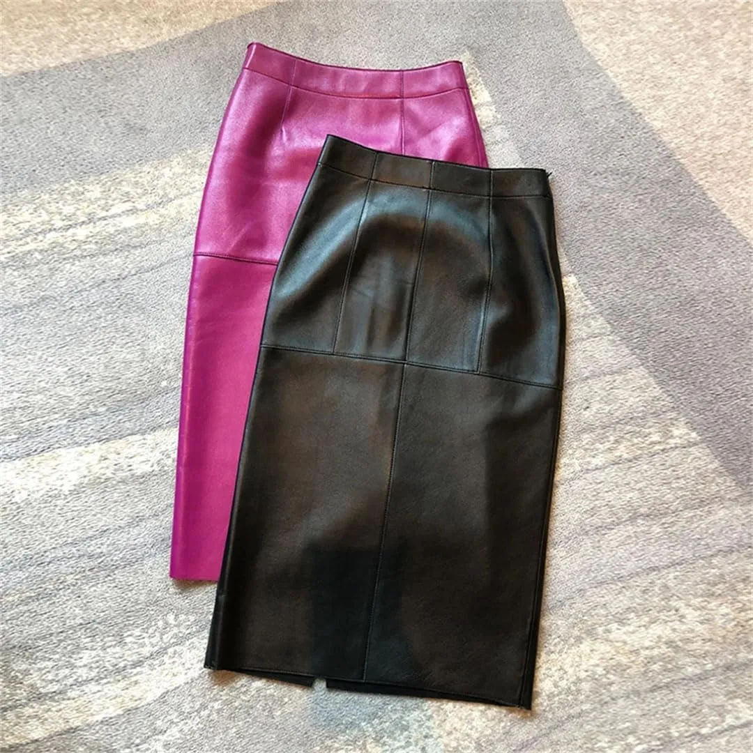 Women High Waist Leather Skirt Front Split Skinny HIPS Midi Skirt Bodycon Solid Office Skirts