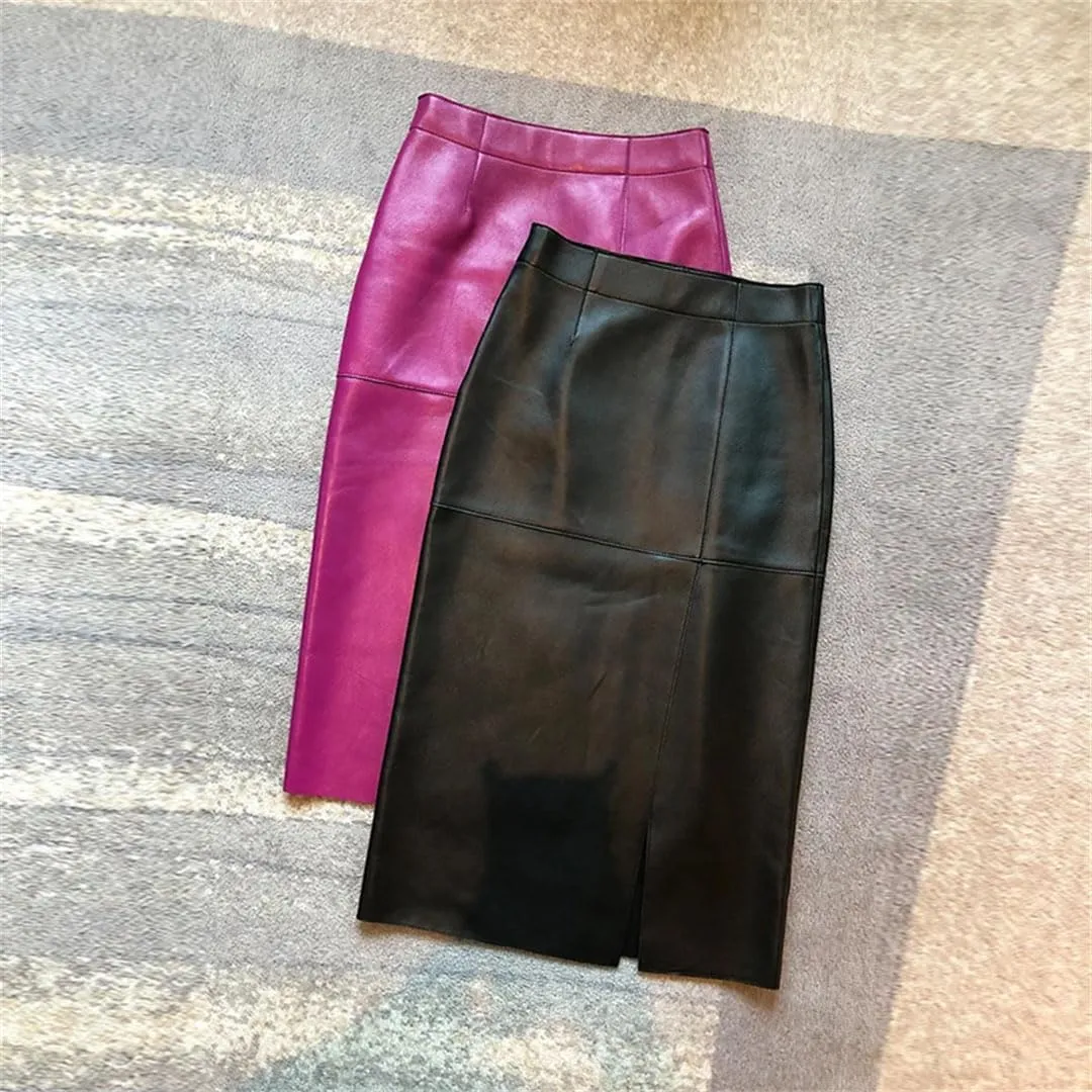Women High Waist Leather Skirt Front Split Skinny HIPS Midi Skirt Bodycon Solid Office Skirts